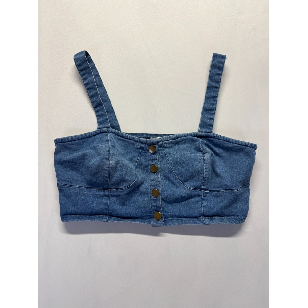 Derek Heart Cropped Top Womens Large Blue Denim Stretch Square Neck Button Front